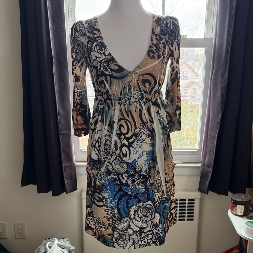 S-Twelve Floral & Swirl Empire Dress in Blue, Black, Cream